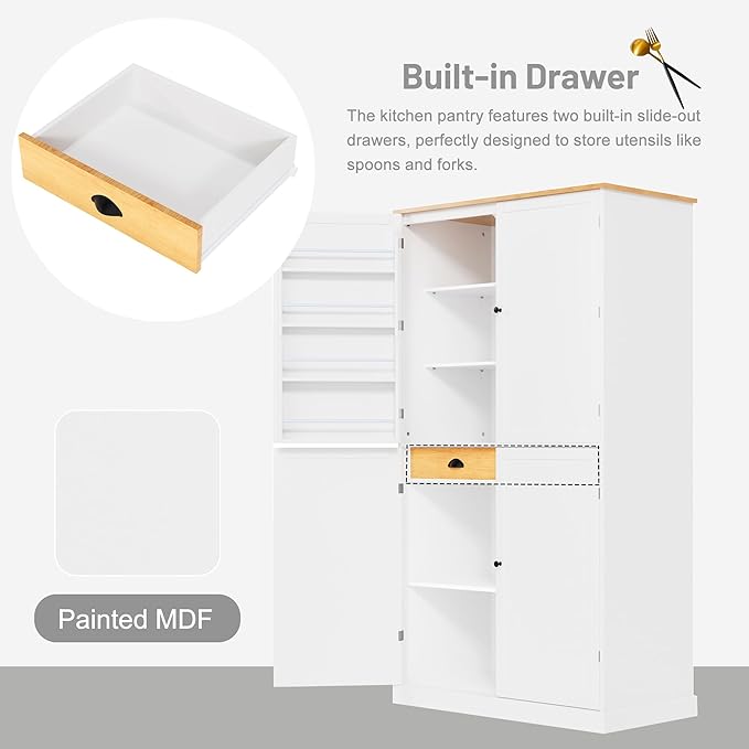 Merax 71.3" Tall Kitchen Storage Cabinet Pantry Farmhouse Freestanding Large Cupboard with 2 Drawers,2 Adjustable Shelves,8 Door-Shelf for Dining Room,White
