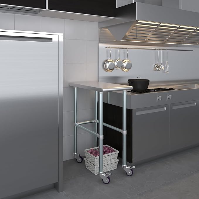 Stainless Steel Work Table Open Base & Wheels | Work Station | Metal Work Bench (Stainless Steel Work Table Open Base + Casters) (12" Long x 30" Deep)