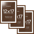 Homeforia 12x17 Picture Frame Brown, High End Dark Oak 12x17 Poster Wood Frame with Mat 10x15 for Photo, 12 x 17 Wooden Walnut Frame Matted to 10 x 15, 17x12 Frames, Tempered Glass, Wall Kit, Set of 3