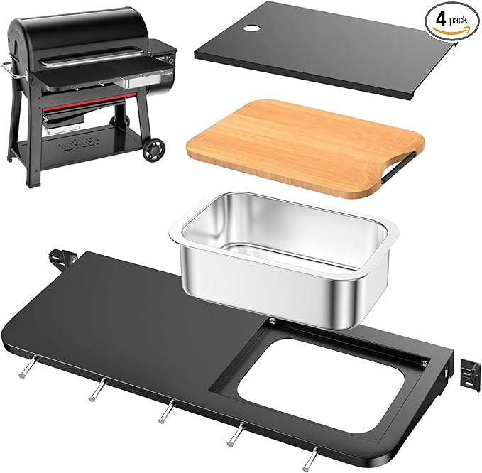 Utheer Front Folding Grill Table for Weber Searwood XL 600 – 35" x 12.5" Large Front Shelf with Stainless Steel Basin, Works Cutting Board, Lid & 5 Hooks, Heavy-Duty Weber Searwood XL 600 Accessories