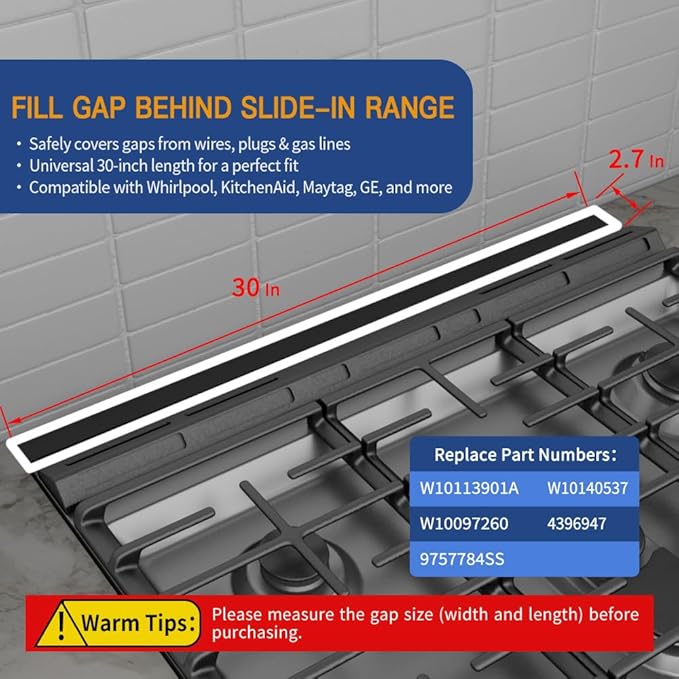Slide-in Range Rear Filler Kit Black, Universal Triangular Fill Strip, Top Trim Kit Between Stove and Wall for Whirlpool & Most Brand, Aluminum Gap Cover, 30" Long