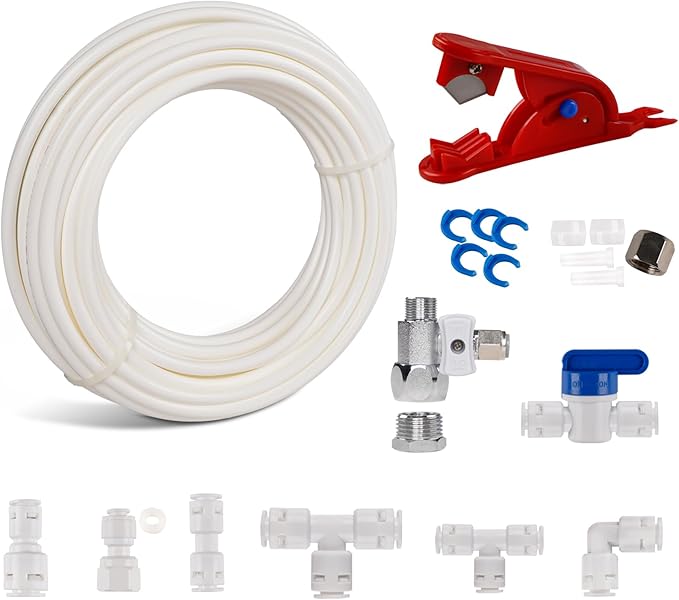 49.2Ft Refrigerator Water Line Kit for 1/4" OD Water Supply Pipe Tube, Ice Maker Fridge Installation Kit with T-piece 3/8x3/8x1/4" Connection Kit for Fridge Ice Maker RO Systems Water Filter Faucet