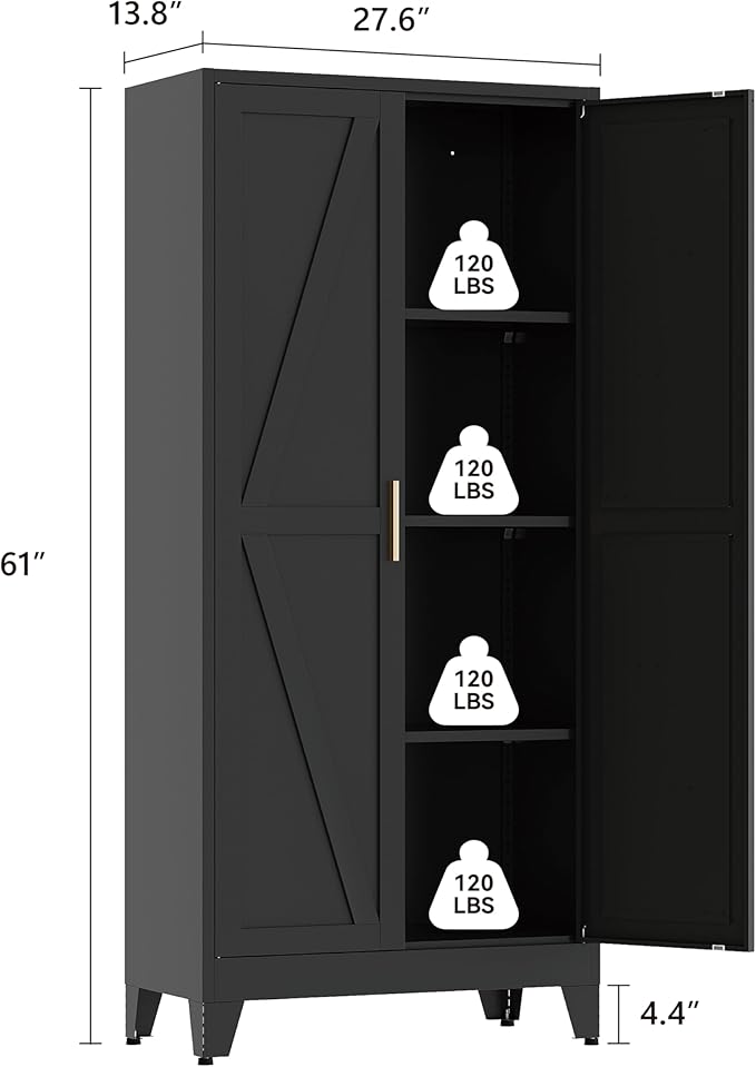 61" Tall Pantry Cabinet, White Metal Pantry Storage Cabinet, Kitchen Pantry Storage Cabinets with 2 Door and 3 Adjustable Shelves (Black, 61" H)