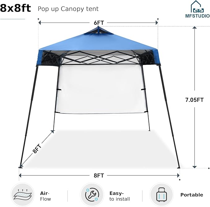 MFSTUDIO 8x8 Pop up Canopy Tent, Gazebo Shelter Sun Shade Canopies Patio Portable Popup Tents Easy Setup Waterproof with 6x6ft Top,1 Sidewall, for Beach,Parties,Picnics