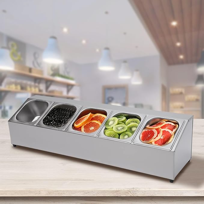 Pizza Toppings Station Storage Condiment Organizer Divider Food Container with 5 Pans & Lids, Stainless Steel Kitchen Condiment Divider Pizza Prep Ingredients Holder, Grill Table Serving Tray