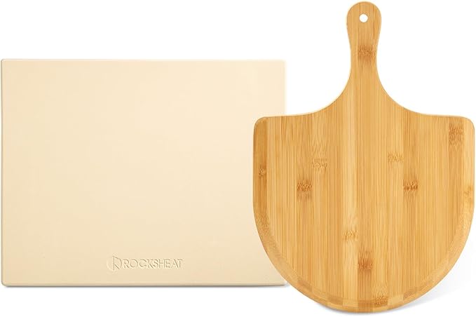 15"×12"×0.5" Cordierite Pizza Stone with 11" Bamboo Pizza Peel - Heat Resistant Up to 1400°F for Oven & Grill, Perfect for 12-Inch Pizzas, Bread, Pies