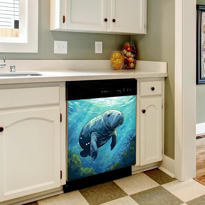 Dishwasher Magnet Cover for The Front Ocean Manatee Dishwasher Door Cover Panel Decals Magnetic Refrigerator Cover for Kitchen Farmhouse Home Decor A-077