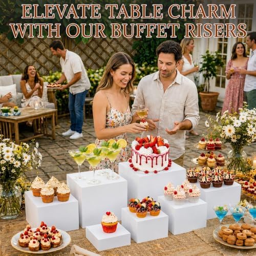 7 Pcs Buffet Risers with Mini Sign and Maker Serving Tongs Cake Cutter, White Acrylic Food Display Stands for Buffet Table Party Catering Dessert Nesting Cube Boxes with Hollow Bottoms (8",7",6",5",5",4",4") - Image 2