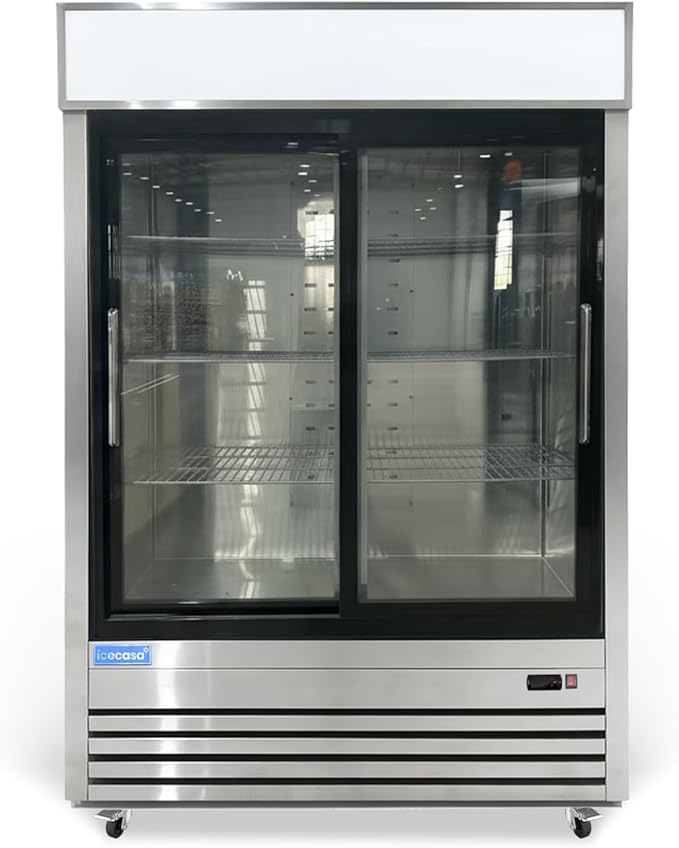 ICECASA 54" W Merchandiser Commercial Display Refrigerator Double Glass Door Reach-in 49 Cu.ft Stainless Steel Display Refrigerator Fan Cooling for Restuarant, Bar, Shop, etc