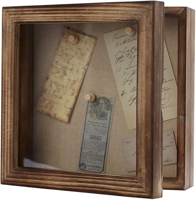 Freezing point Shadow Box Frame 8x8 Shadow Boxes Display Case with Linen Back Memorabilia Awards Medals Bouquet Photos Picture Badge Wedding Memory Box for Keepsakes Carbonized Small Pin Board
