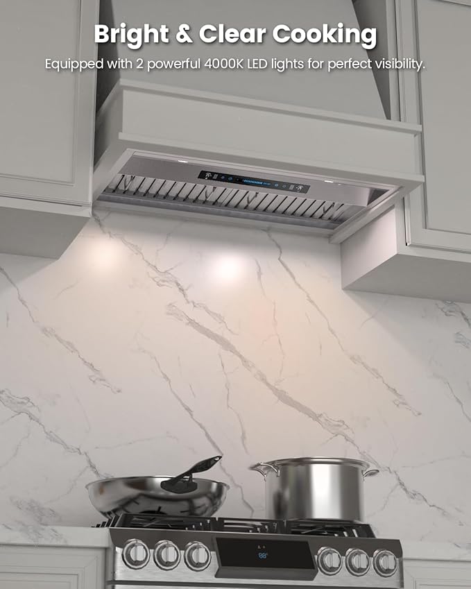 JOCO 30 Inch Range Hood Insert, 900 CFM Stainless Steel Built-In Kitchen Vent Hood, Convertible for Ducted or Ductless Installation, 4-Speed Gesture/Touch/Remote Control, Model B02-30G