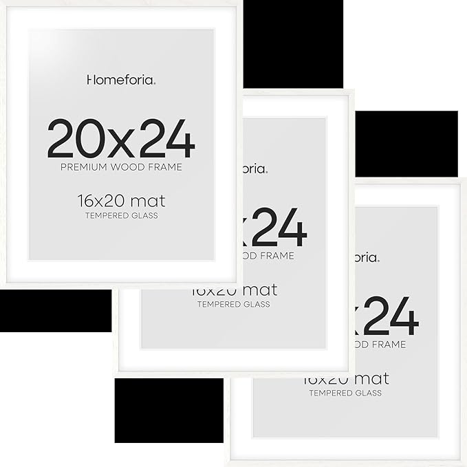 Homeforia 20x24 White Picture Frame, High End Oak 20x24 White Wood Frame with Mat 16x20 Photo, 20 x 24 Wooden Poster Frames Matted to 16 by 20, 24x20 Hanging Frames, Tempered Glass, Wall Kit, Set of 3