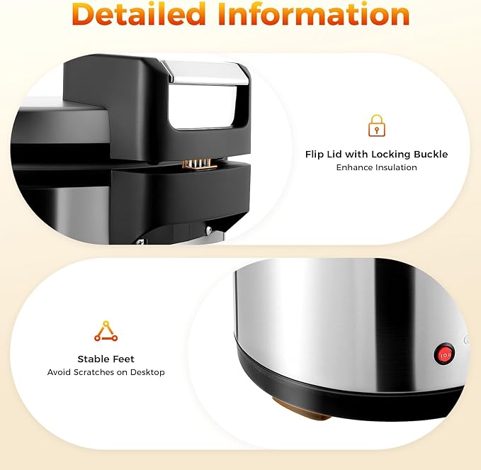 19L Commercial Rice Warmer, 110W Stainless Steel Commercial Grade Soup Kettle with Hinged Lid and Rice Scoop for Restaurant and Big Family, 154.4℉-161.6℉, 110V