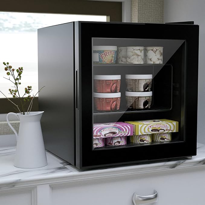 Northair Compact Mini Freezer with Glass Display Door - 1.1 Cu Ft with 2 Removable Shelves - Quiet Upright Freezer - 7 Temperature Settings - Black