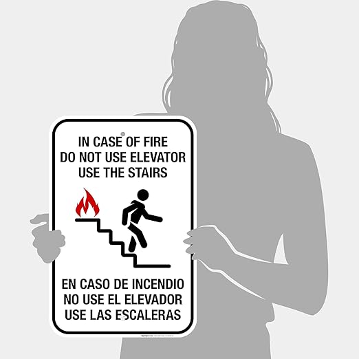 in Case of Fire Do Not Use Elevator Use The Stairs Bilingual Sign, Fire Safety Sign, 12x18 Inches, 55 mil Thick HDPE (high Density polyethylene), Made in USA
