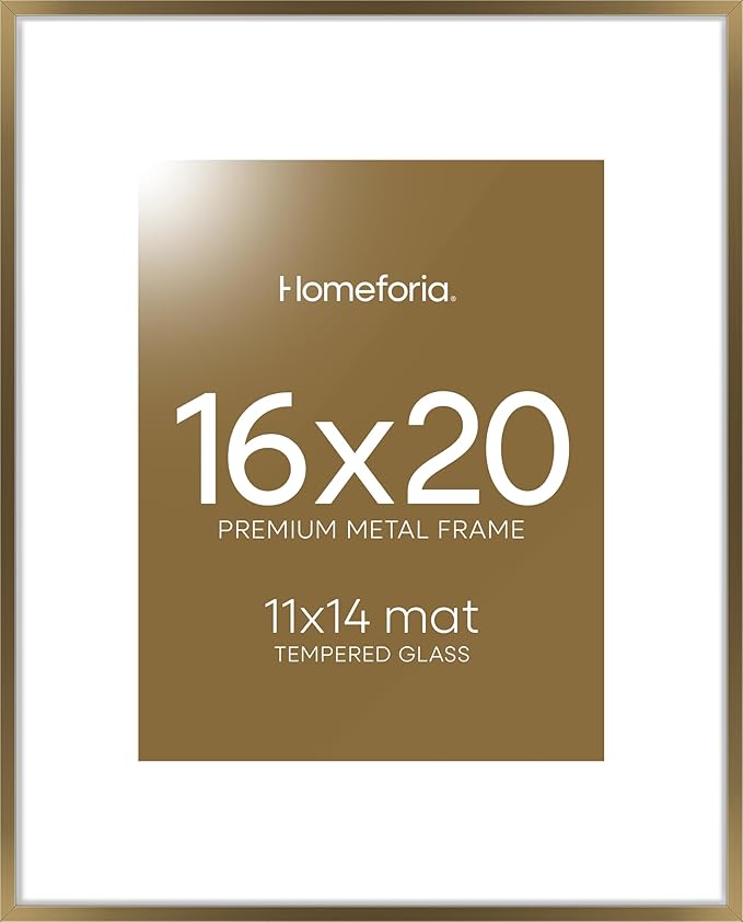 Homeforia Picture 16x20 Bronze Frame, High End Metal 16x20 Brass Poster Frames with Mat 11x14 for Photo, 16 x 20 Frame Matted to 11 by 14 Print, 20x16 Hanging Frames, Tempered Glass, Wall Kit, Set of 1