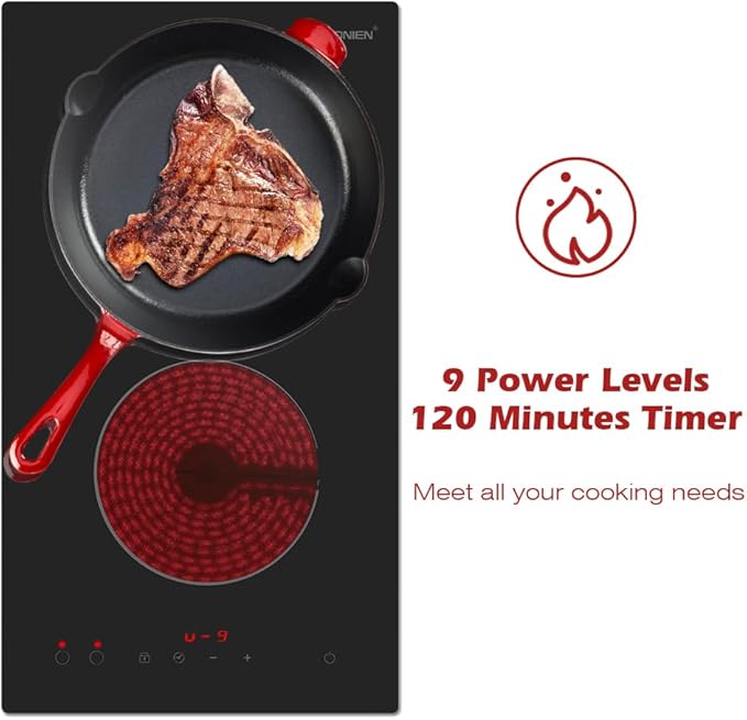 GIONIEN Electric Cooktop 2 Burners 220V~240V, Built-in 12 Inch Ceramic Burners, Double Glass Stove Top, Apartment Size Electric Radiant Cooktop with Hard Wire,3000W,No Plug