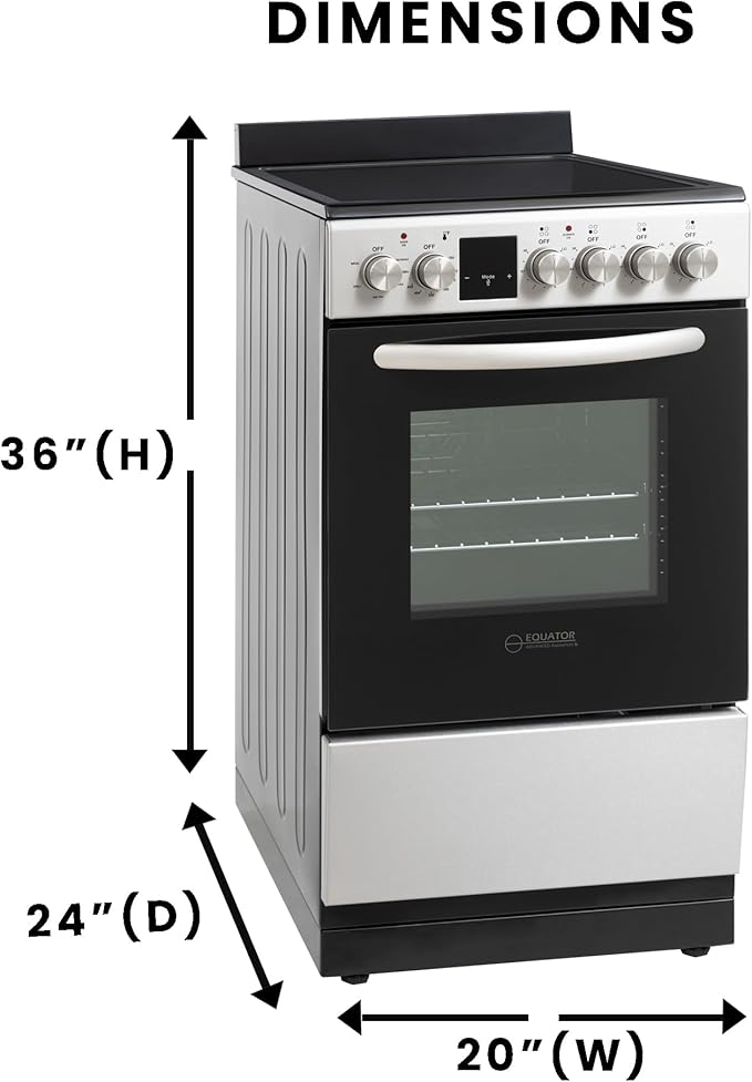 Equator ECR 204 20" Electric Range in STAINLESS – 4 Ceramic Burners, Convection Oven & Air Fry Function, Compact Freestanding Electric Stove for Apartments, Condos & Tiny Kitchens