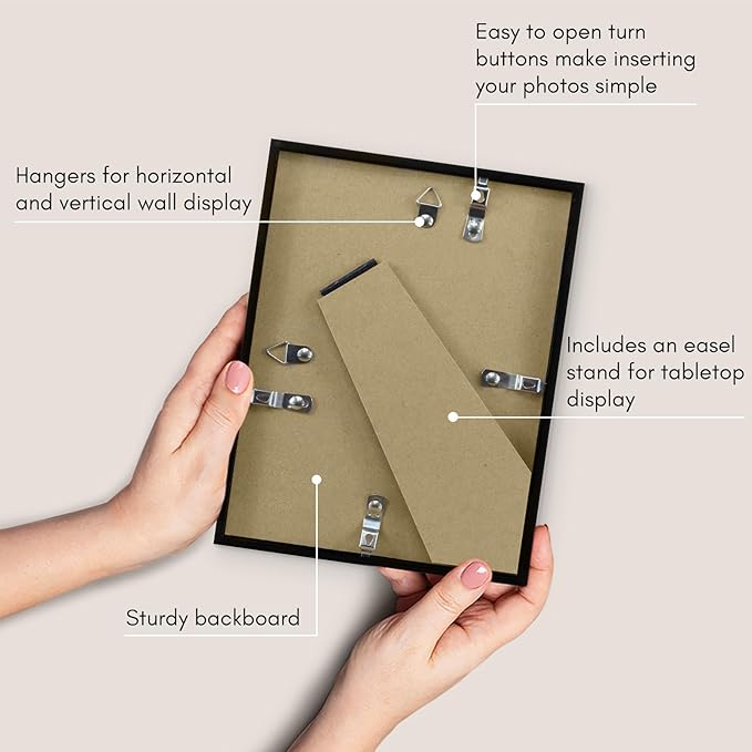 Americanflat 6x8 Picture Frame with Shatter-Resistant Glass - Streamline Collection - Thin Border Photo Frame for Tabletop and Wall Display - Hanging Hardware and Easel Stand Included - Black