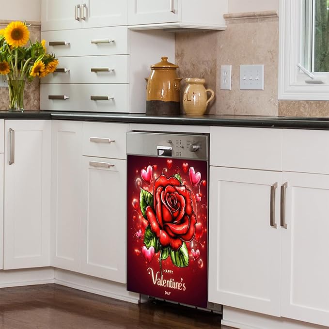 Valentine Day Flower Rose Dishwasher Magnet Cover Magnetic Dishwasher Decorative Cover Front Dishwasher Door Covers Reuseable Dishwasher Covers Decal for Kitchen Home Decorative