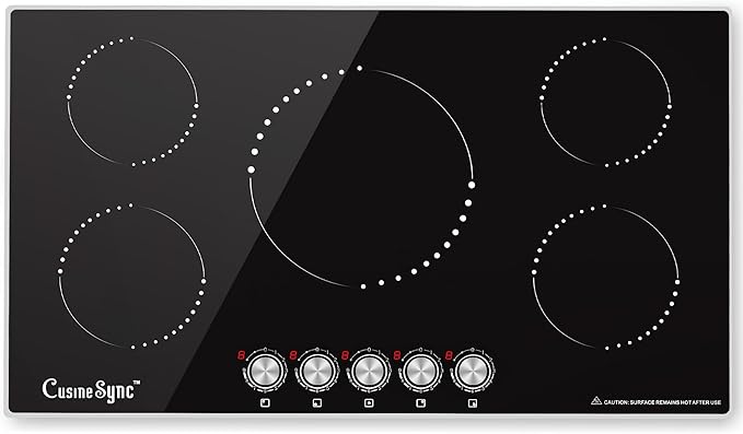 36 Inch Induction Cooktop, 5 Burner Electric Cooktop with 9 Power Levels, Knob Control, Auto shutdown and Residual Heat Warning, 9200W, 220-240V for Hard Wire