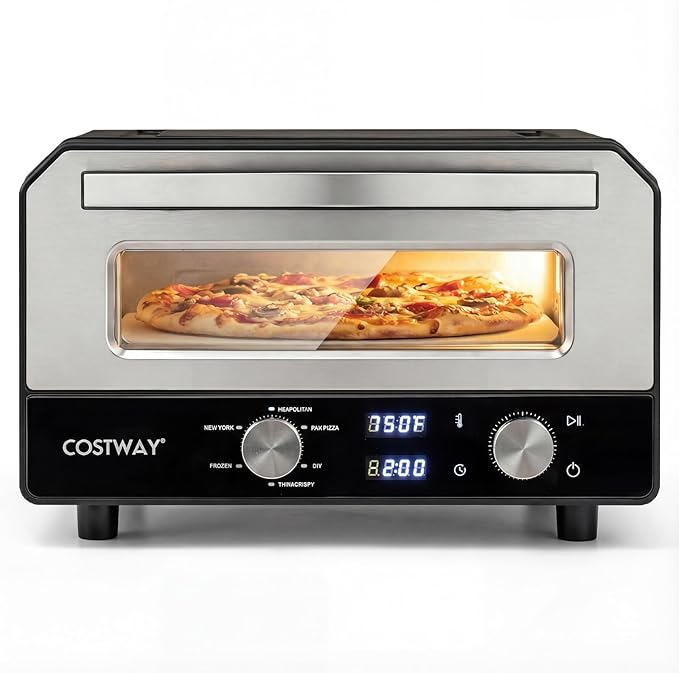 COSTWAY 1700W Electric Pizza Oven Indoor, 6 Presets & 2-Min Rapid Baking Heats up to 750℉, Countertop Pizza Oven for 12” Pizzas with Pizza Stone & Cutter Wheel for Home Kitchen