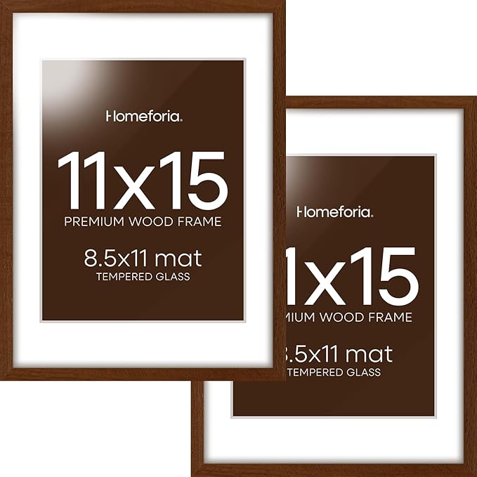 Homeforia 11x15 Brown Picture Frame, High End Dark Oak 11x15 Walnut Poster Frame with Mat 8.5x11, 11 x 15 Wooden Frames Matted to 8 by 11 inch Photo, 15x11 Frames, Tempered Glass, Wall Kit, Set of 2