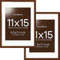 Homeforia 11x15 Brown Picture Frame, High End Dark Oak 11x15 Walnut Poster Frame with Mat 8.5x11, 11 x 15 Wooden Frames Matted to 8 by 11 inch Photo, 15x11 Frames, Tempered Glass, Wall Kit, Set of 2