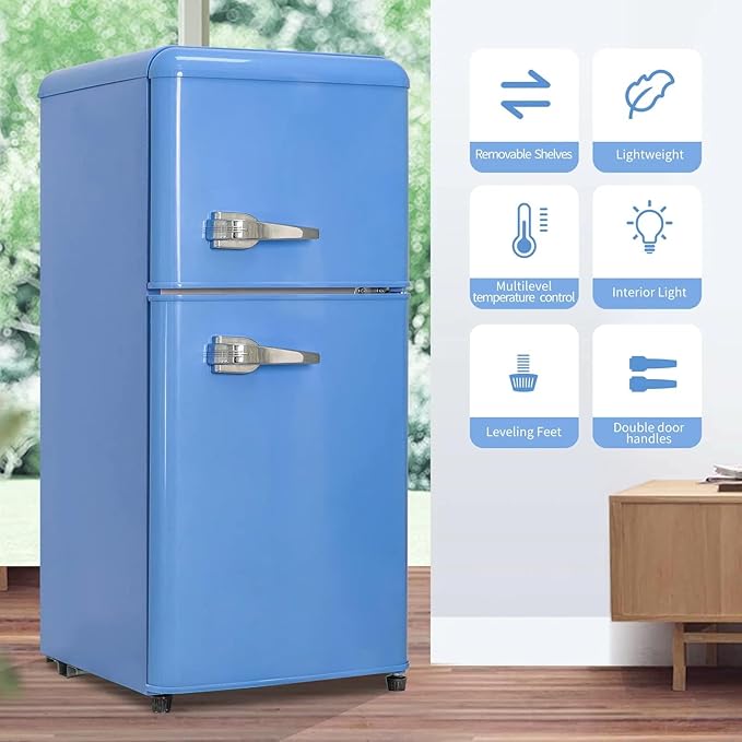 Anukis Compact Refrigerator with Freezer, 3.2 Cu.Ft 2 Door Mini Fridge for Apartment, Dorm, Office, Family, Basement, Garage - Retro Blue