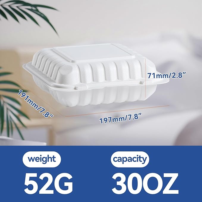 Food Containers 7.8" 30 oz 65 Pack - BPA Free Mineral Filled PP Plastic | 3 Compartment Shrink Wrap Clamshell Stackable | Reusable Freezer & Microwave Safe | White Commercial Takeout Boxes