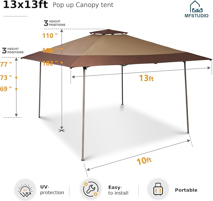 MFSTUDIO 13x13 Pop Up Canopy Tent, Gazebo Shelter Sun Shade Canopies Patio Portable Popup Tents Outdoor for Beach,Parties,Camping, 169 Sq. Ft of Shade