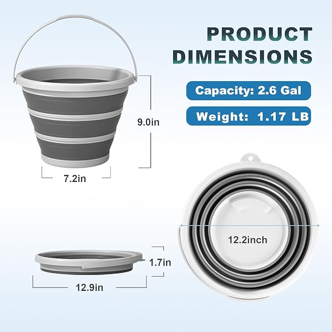 Collapsible Bucket with Handle, 2.6 Gallon Foldable Water Bucket for Car Wash, Cleaning, Camping and Outdoor, Gray and White
