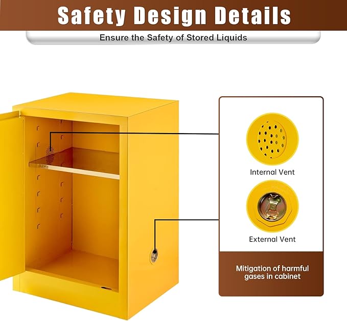 12 Gallon Flammable Storage Cabinet, 23×18×18in Galvanized Steel Safety Storage Cabinet, Adjustable Shelf Fireproof Cabinets, Flammable Liquid Storages Cabinets for Industrial and Home Use, Yellow