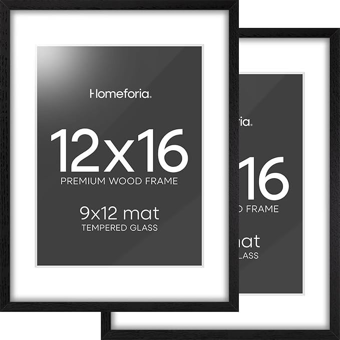 Homeforia 12x16 Black Wood Picture Frame, High End Oak 12x16 Poster Frames with Mat 9x12 Print, 12 x 16 Black Wooden Frame Matted to 9 by 12 Photo, 16x12 Thin Frame, Tempered Glass, Wall Kit, Set of 2