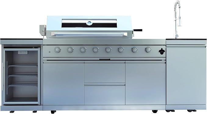 96-Inch 6-Burner 85000 BTU Propane Gas Outdoor Kitchen Island Grill with Wine Cooler, Rotisserie & Granite Countertops – Combining a spacious grilling area with versatility, Silver