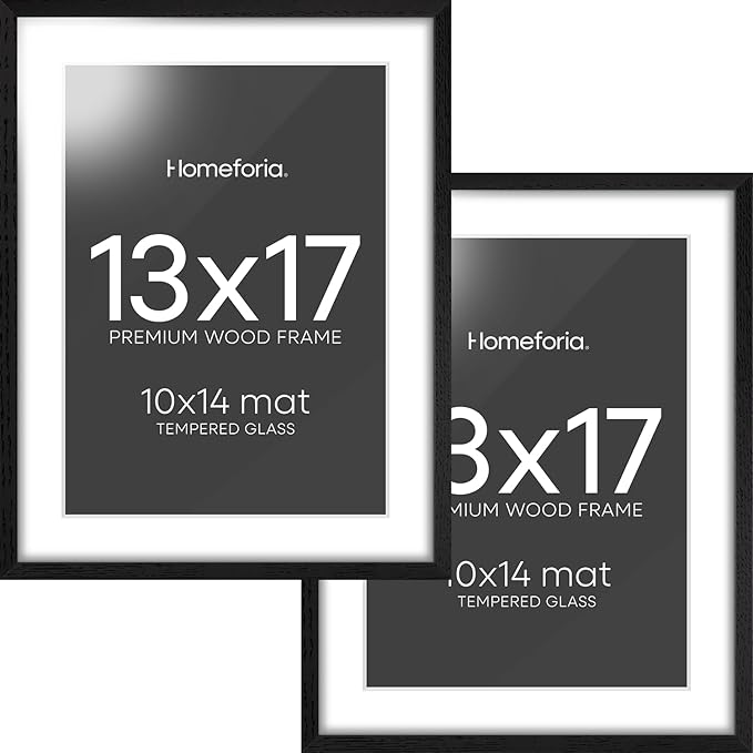 Homeforia 13x17 Picture Frame Black Wood, High End Oak 13x17 Poster Frames with Mat 10x14 Photo, 13 x 17 Wooden Frame Matted to 10 by 14 Print, 17x13 Hanging Frames, Tempered Glass, Wall Kit, Set of 2