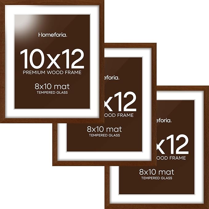Homeforia 10x12 Brown Picture Frame, High End Dark Oak 10x12 Walnut Poster Frame with Mat 8x10, 10 x 12 Wooden Frame Matted to 8 by 10 inch Photo, 12x10 Thin Frames, Tempered Glass, Wall Kit, Set of 3