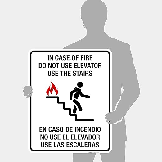 in Case of Fire Do Not Use Elevator Use The Stairs Bilingual Sign, Fire Safety Sign, 24x30 Inches, Rust Free .063 Aluminum, Fade Resistant, Indoor/Outdoor Use, Made in USA
