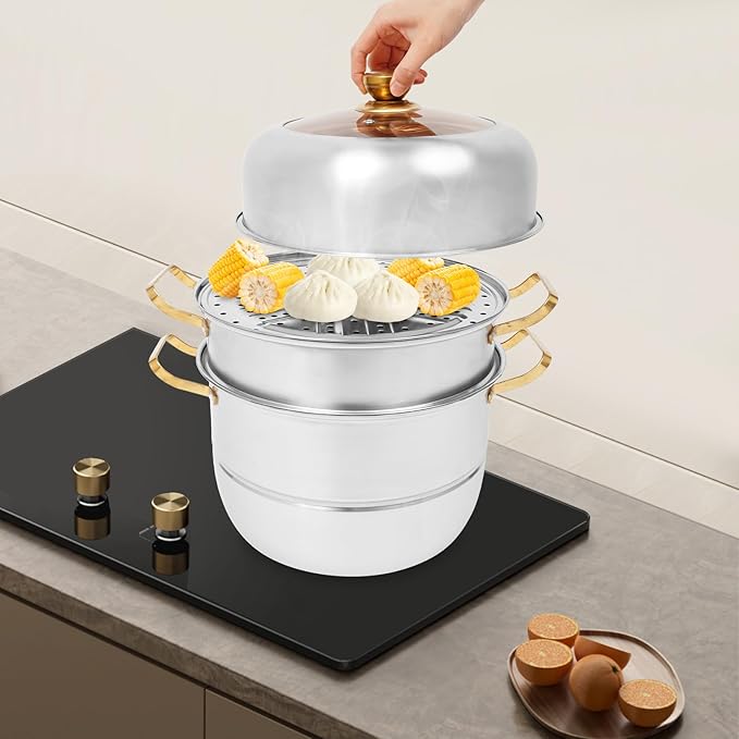 3-Tier Food Steamer Pot for Cooking, Stainless Steel Steamer Pot with Lid, Stackable Steaming Pots for 4-6 People, Steam Cooker Cookware for Dumpling Seafood, Compatible with Gas Stove (12.6 Diameter)