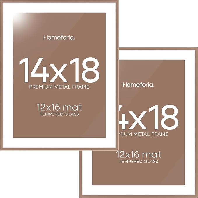 Homeforia 14x18 Picture Frame Mocha, High End Metal 14x18 Poster Frames with Mat 12x16 Photo, 14 x 18 Mocha Frame Matted to 12 by 16 Print, 18by14 Thin Hanging Frames, Tempered Glass, Wall Kit, Set of 2