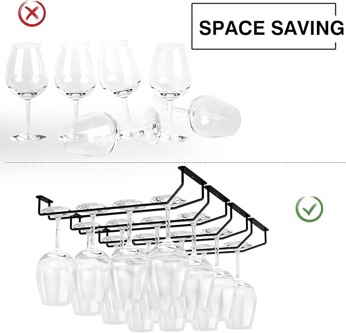 14-Inch Under Cabinet Wine Glass Holder - Metal Stemware Rack, Single Rail Hanging Rack for Kitchen Bar - Set of 4