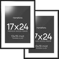 Homeforia 17x24 Picture Frame Black Wood, High End Oak 17x24 Poster Frames with Mat 13x19 Photo, 17 x 24 Wooden Frame Matted to 13 by 19 Print, 24x17 Hanging Frames, Tempered Glass, Wall Kit, Set of 2