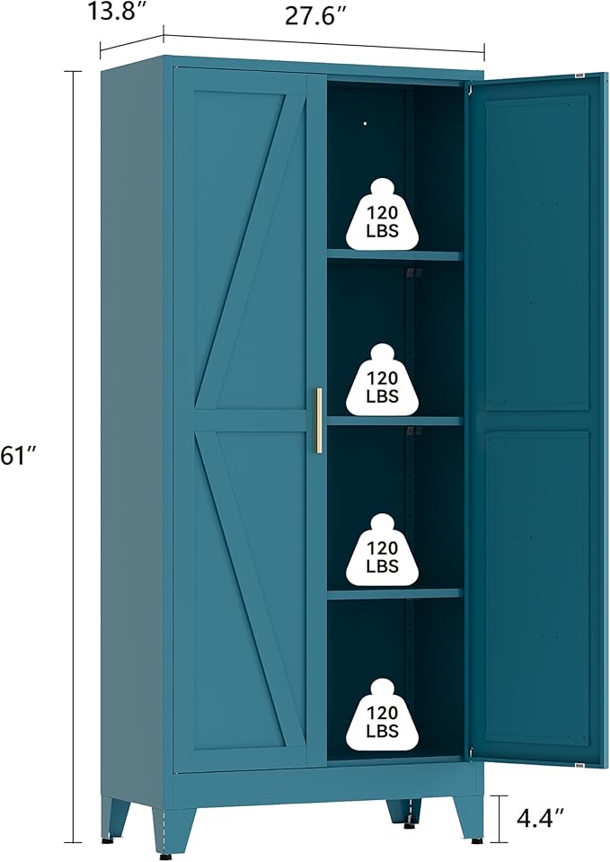 61" Tall Pantry Cabinet, White Metal Pantry Storage Cabinet, Kitchen Pantry Storage Cabinets with 2 Door and 3 Adjustable Shelves (Blue, 61" H)