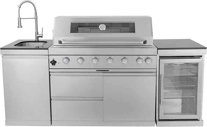 82 Inches 6-Burner 85000 BTU Natural Gas Outdoor Kitchen Island with Grill with Wine Cooler, Compact Refrigerator, Rotisserie, Granite Countertops & Storage, Silver
