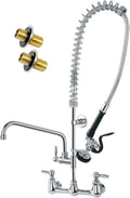 Commercial Sink Faucet with Sprayer, 8 Inch Center Wall Mount Kitchen Faucet with 12” Swing Spout 36” Height Compartment Sink for Restaurant Industrial, Chrome Polished