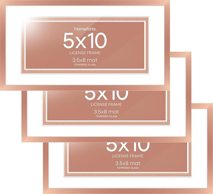 Homeforia 5x10 Rose Gold Business License Frame, High End Metal 5 x 10 Document Certificate Frame with Mat 4x9, 10x5 Cosmetology License Frames for Wall or Tabletop, Tempered Glass, Wall Kit, Set of 3