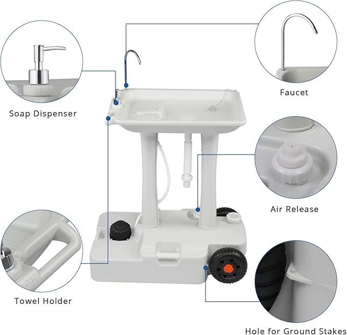 VINGLI 30L Upgraded Portable Sink| Rolling Hand Wash Basin Stand with Towel Holder & Soap Dispenser & Wheels, Perfect for Garden/Camping/Outdoor Events/Gatherings/Worksite/RV/Indoor, White