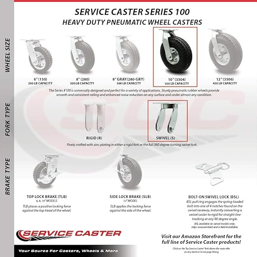 Service Caster Brand Replacement Caster for Uline Caster H-3329BL-S - Swivel Top Plate Caster with 10 Inch Pneumatic Wheel - Heavy Duty Replacement - Fits Platform Trucks and Utility Carts H-2473