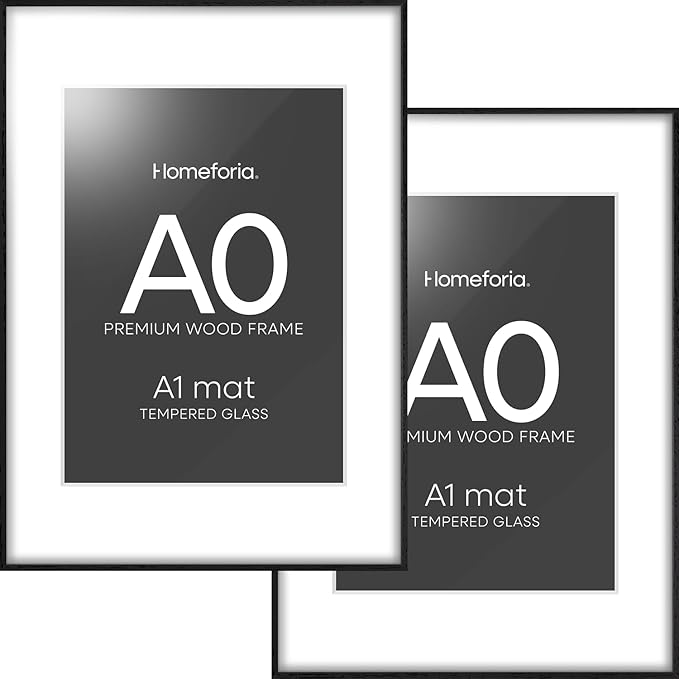 Homeforia Black Wood A0 Frame, High End Oak 33.1 x 46.8 Black Wooden Poster Frames Matted to 23.4 by 33.1 inches Photo, A0 Size Large Wood Picture Frame with Mat A1, Tempered Glass, Wall Kit, Set of 2