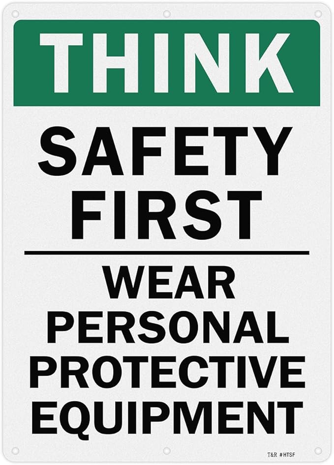 T&R Large Think Safety First Sign Wear Personal Protective Equipment - 14 x 10 Inches Rust Free .040 Aluminum Reflective - UV Protected, Waterproof and Fade Resistant - 6 Pre-drilled Holes